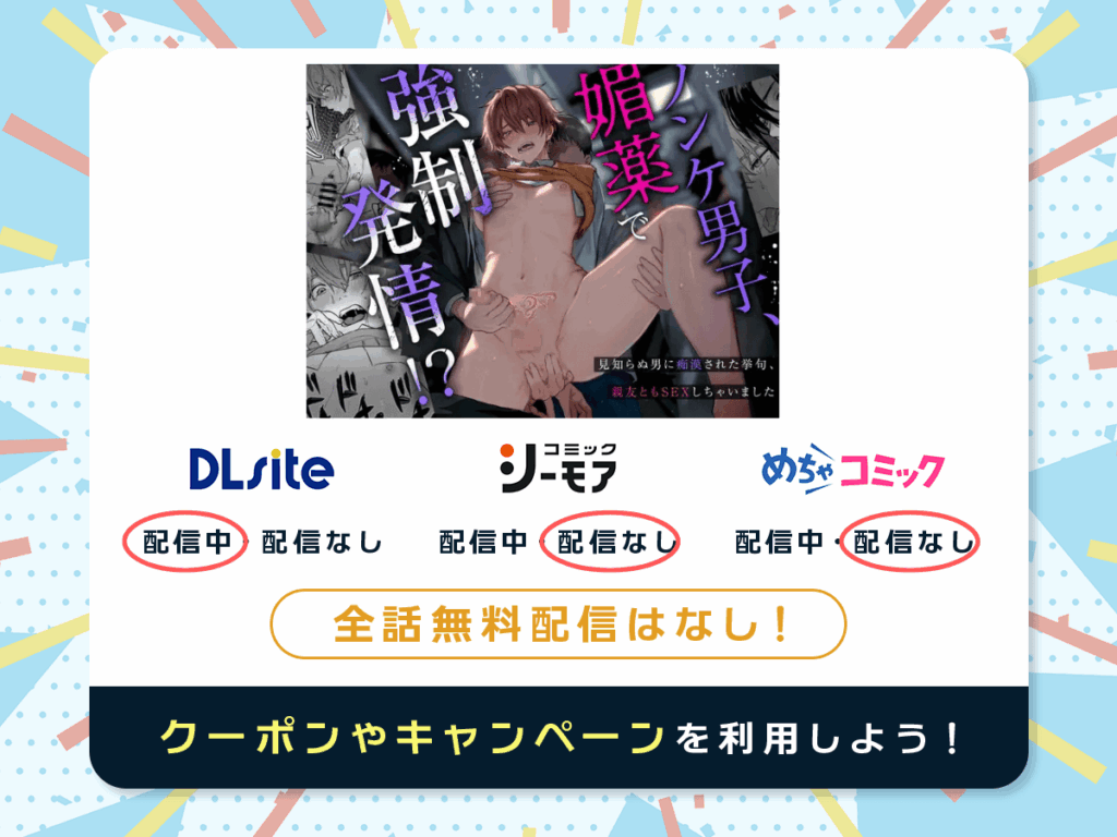 『ノンケ男子、媚薬で強○発情!??見知らぬ男に痴○にされた挙句、親友ともSEXしちゃいました?』を配信している電子書籍一覧