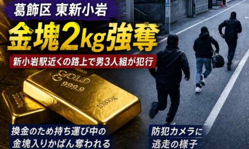 葛飾区東新小岩で金塊2kg強奪　新小岩駅近くの路上、約5300万円相当か