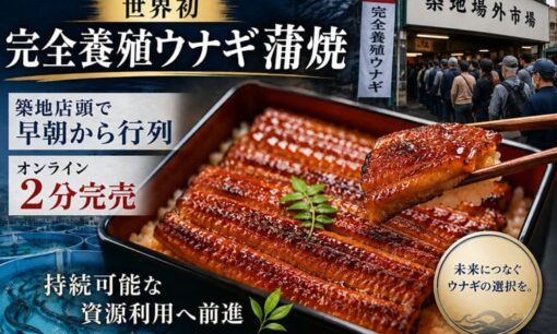 世界初完全養殖ウナギ蒲焼 築地店頭で早朝から行列 オンライン2分完売 持続可能な資源利用へ前進