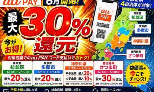 au PAY「最大30%還元」キャンペーン6月開始　杉並・多摩・神奈川・さつま町が対象