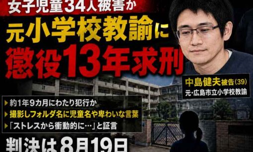 女子児童34人にわいせつ行為、児童ポルノ製造　元教諭・中島健夫被告（39）に懲役13年求刑　広島地裁