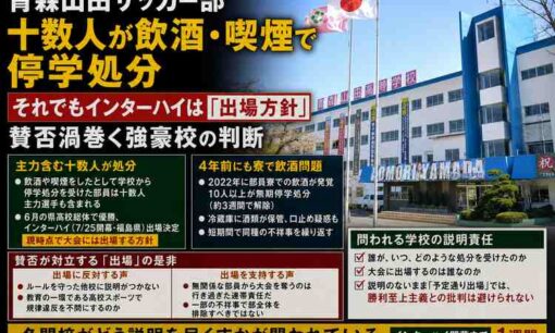 青森山田サッカー部で再び飲酒・喫煙　十数人停学でもインターハイ出場方針、登録選手への影響は不明