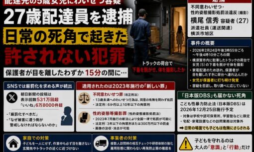 家電配達先の5歳女児にわいせつ疑い　27歳男を逮捕、トラック荷台で撮影か