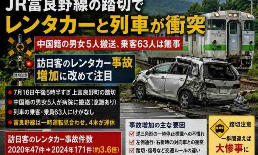 JR富良野線でレンタカーが踏切内に停止、列車と衝突　中国籍5人軽傷、運転男性から聴取