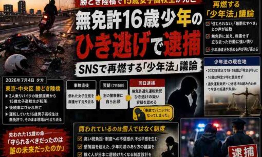 勝どき陸橋で15歳死亡、友人の無免許16歳を救護せず走り去った疑いで逮捕　ネットで再燃する「少年法」議論