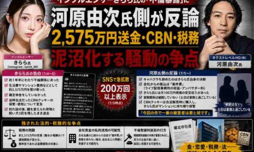 きらら氏の不倫暴露に河原由次氏側が反論　2,575万円送金・CBN・税務――泥沼化する騒動の争点