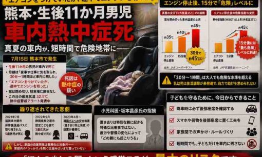 熊本・生後11か月男児が車内で死亡、熱中症か　母親は車に戻ってエンジンを切り、再び自宅へ