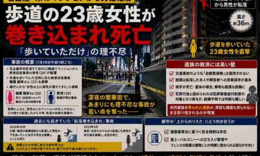 名古屋・栄で29歳男性がマンションから転落　友人と歩いていた23歳女性が巻き込まれ死亡