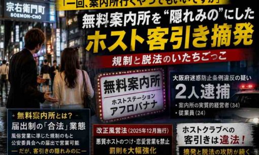 「バチクソイケメンいけます」無料案内所「アフロバナナ」実質経営者ら逮捕　ホスト客引きの隠れみのか