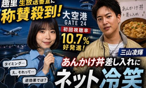 趣里 生放送番宣に称賛殺到  大空港GATE24初回視聴率10.7％好発進  三山凌輝 あんかけ丼差し入れにネット冷笑