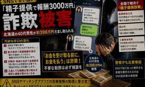 「精子提供で3000万円」北海道の40代男性が396万円詐欺被害　5日間で8回送金