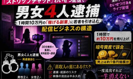 「ストリップチャット」わいせつ配信で男女4人逮捕――1時間10万円「稼げる副業」に若者を引き込む配信ビジネスの構造