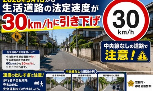 2026年9月1日から生活道路の法定速度が30km/hに引き下げ　中央線なしの道路で注意