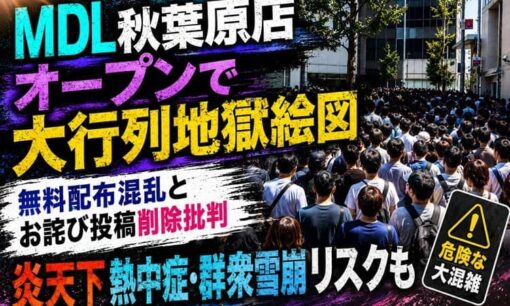 MDL秋葉原店オープンで大行列地獄絵図  無料配布混乱とお詫び投稿削除批判  炎天下熱中症・群衆雪崩リスクも