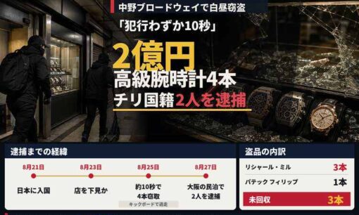 中野ブロードウェイ2億円腕時計窃盗、チリ国籍2人逮捕　残る3本は「逃走中に落とした」