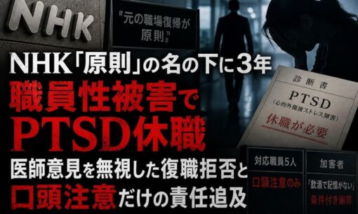 NHK「原則」の名の下に3年  職員性被害でPTSD休職  医師意見を無視した復職拒否と口頭注意だけの責任追及