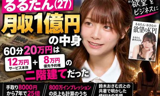 セクシー女優・るるたん（27）月収1億円の中身を公開！風俗店で「60分20万円」の真実は？ 鈴木おさむとの共著で明かした値付け手順